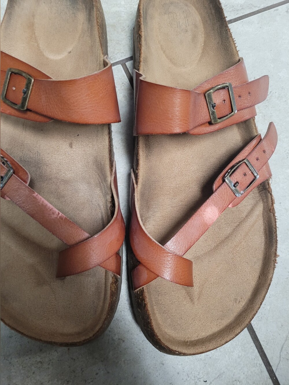 Time and Tru Cognac Brown Strappy Buckle Sandals